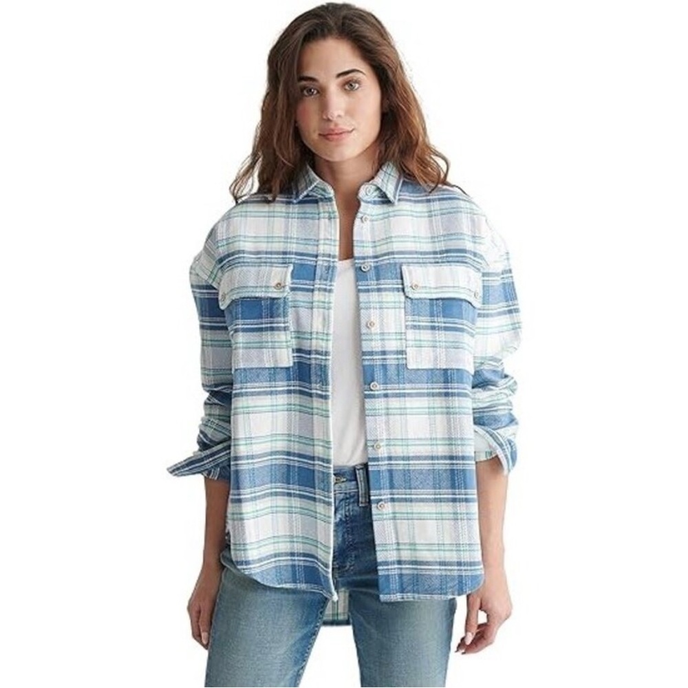 Lucky Brand Boyfriend Heavyweight White Plaid Long Sleeve Button Up Shacket